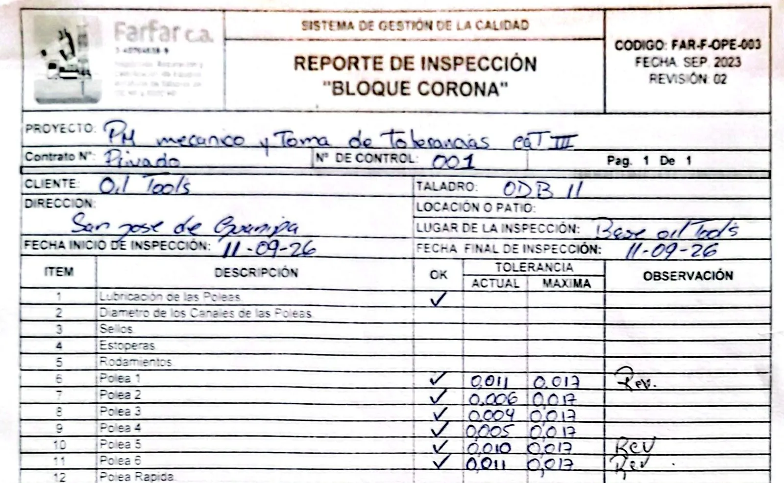 Reporte de inspección del bloque corona llenado a mano en sitio, con la tolerancia actual y la máxima de cada polea