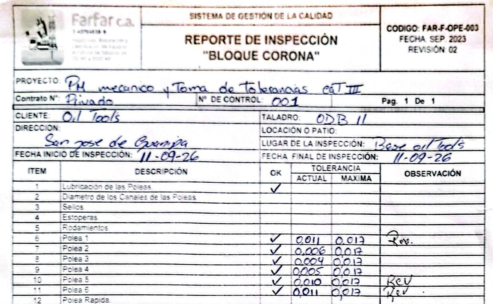 Reporte de inspección del bloque corona llenado a mano en sitio, con la tolerancia actual y la máxima de cada polea